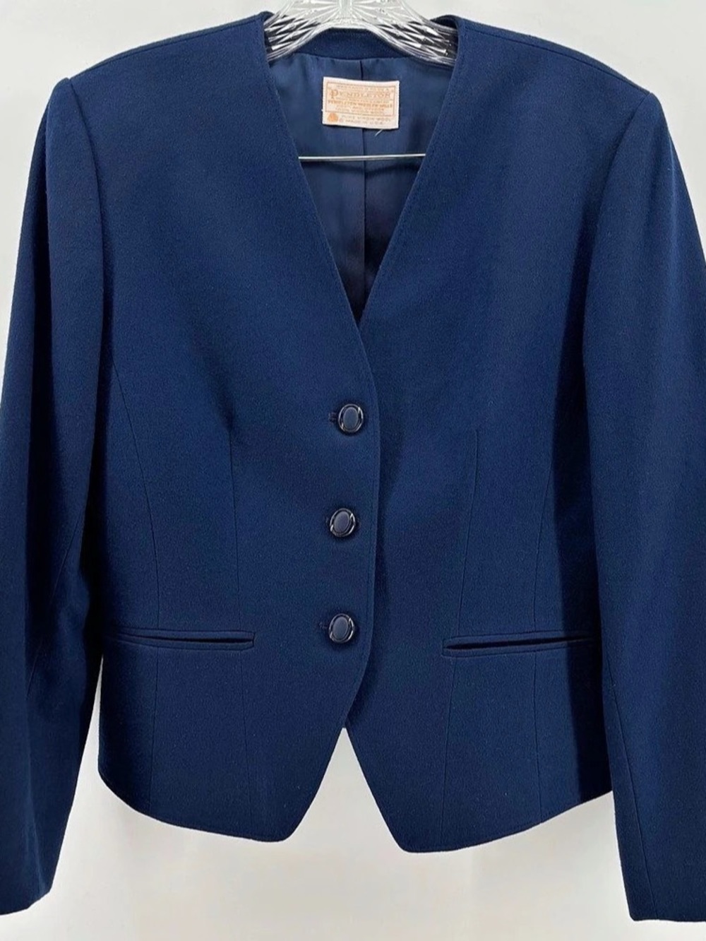 Vintage Pendleton Navy Virgin Wool Collarless Blazer Size 8